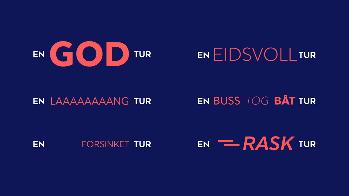 Typografiske eksempler hvor et ord er lagt inn mellom EN og Tur som en sammenslått Entur-logo. Eksempel: En God Tur